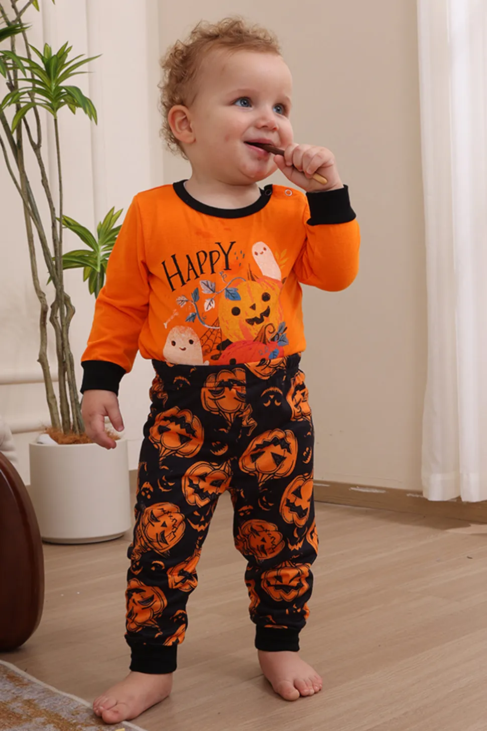 Pumpkin Print Laranja Halloween Família Pijamas set