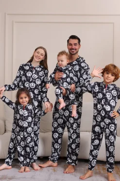 Pumpkin Print Preto Combinando Halloween One Piece Pijamas