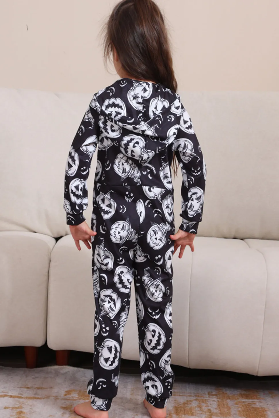 Pumpkin Print Preto Combinando Halloween One Piece Pijamas