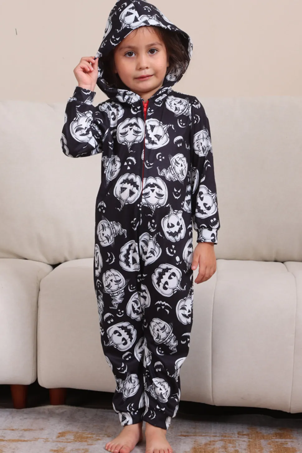 Pumpkin Print Preto Combinando Halloween One Piece Pijamas
