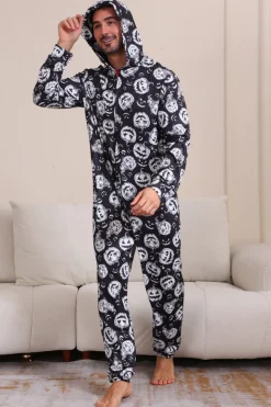 Pumpkin Print Preto Combinando Halloween One Piece Pijamas