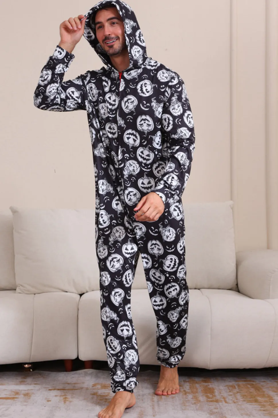 Pumpkin Print Preto Combinando Halloween One Piece Pijamas
