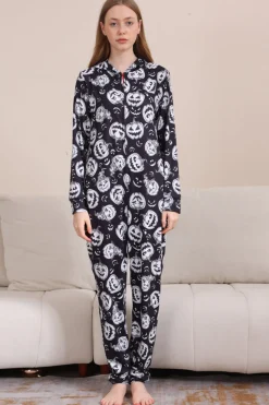 Pumpkin Print Preto Combinando Halloween One Piece Pijamas