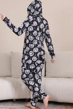 Pumpkin Print Preto Combinando Halloween One Piece Pijamas