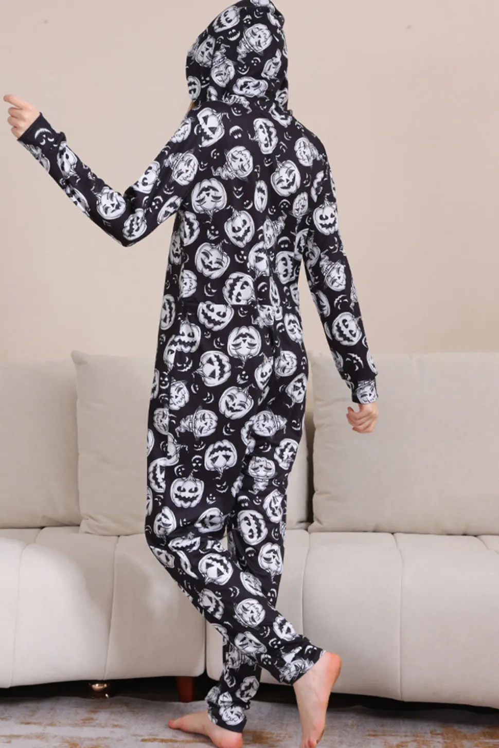 Pumpkin Print Preto Combinando Halloween One Piece Pijamas