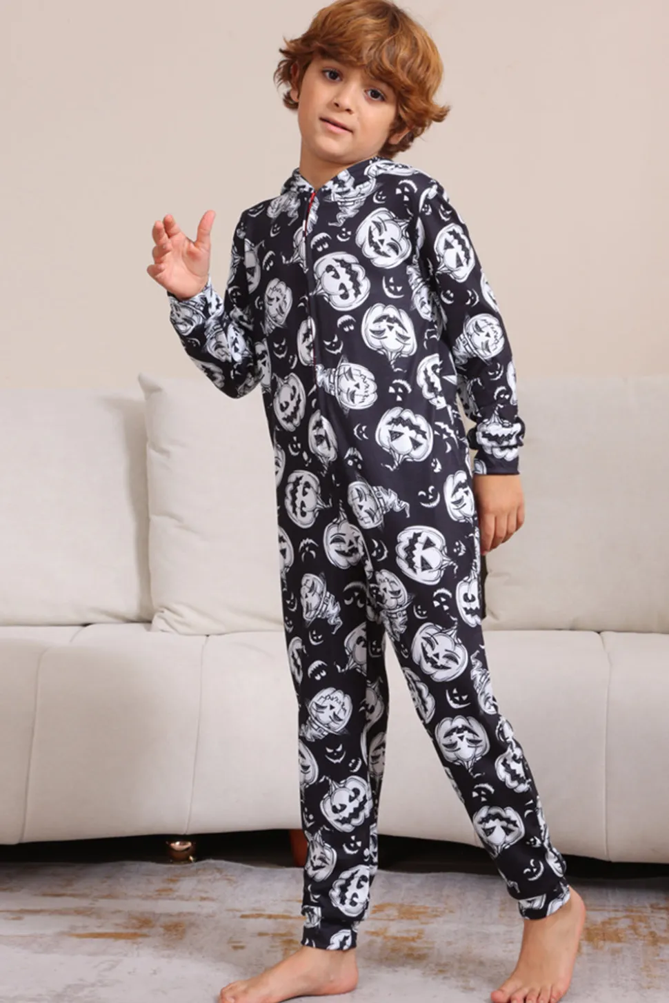 Pumpkin Print Preto Combinando Halloween One Piece Pijamas