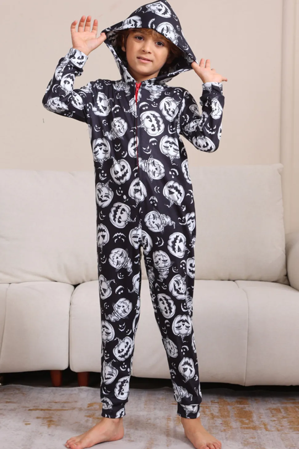 Pumpkin Print Preto Combinando Halloween One Piece Pijamas
