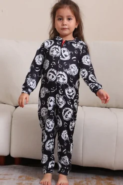 Pumpkin Print Preto Combinando Halloween One Piece Pijamas