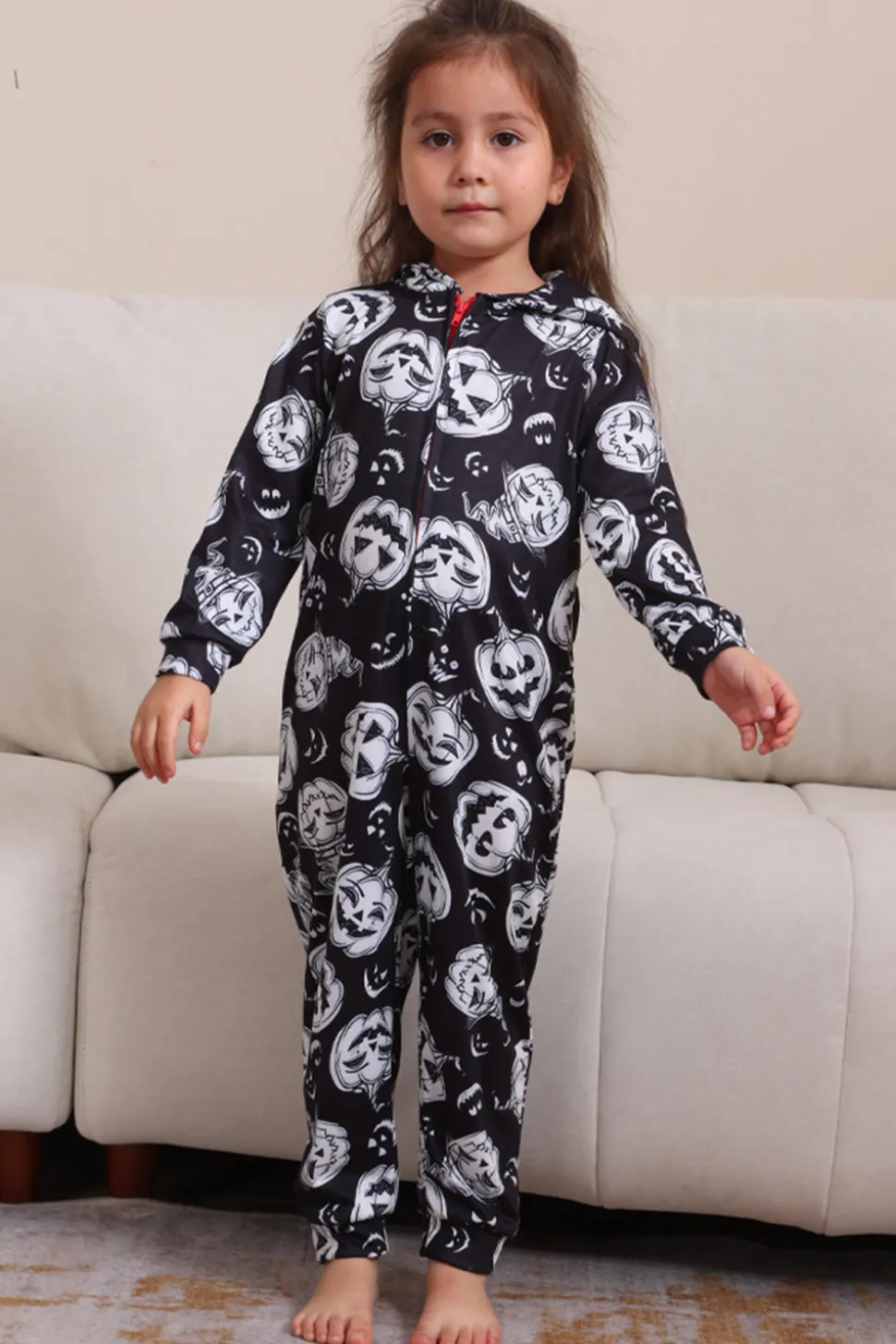 Pumpkin Print Preto Combinando Halloween One Piece Pijamas