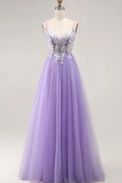 Purple A Line Appliqued Corset Long Prom Dress with Lace Up Back