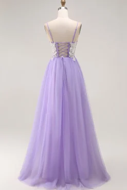 Purple A Line Appliqued Corset Long Prom Dress with Lace Up Back