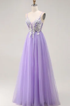 Purple A Line Appliqued Corset Long Prom Dress with Lace Up Back