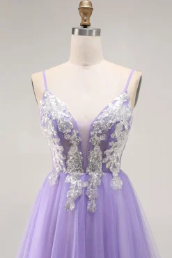 Purple A Line Appliqued Corset Long Prom Dress with Lace Up Back