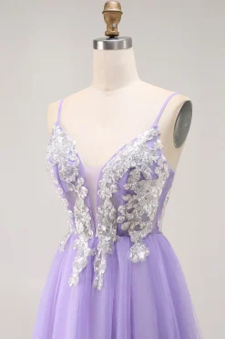 Purple A Line Appliqued Corset Long Prom Dress with Lace Up Back