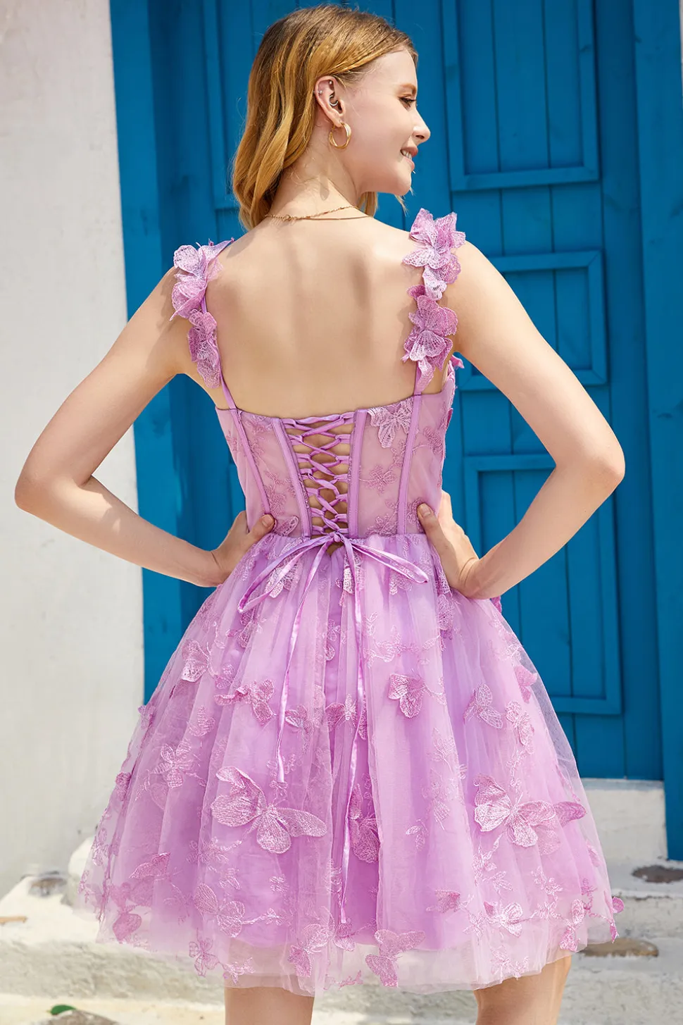 Purple A Line Corset Homecoming Dress com borboletas 3D