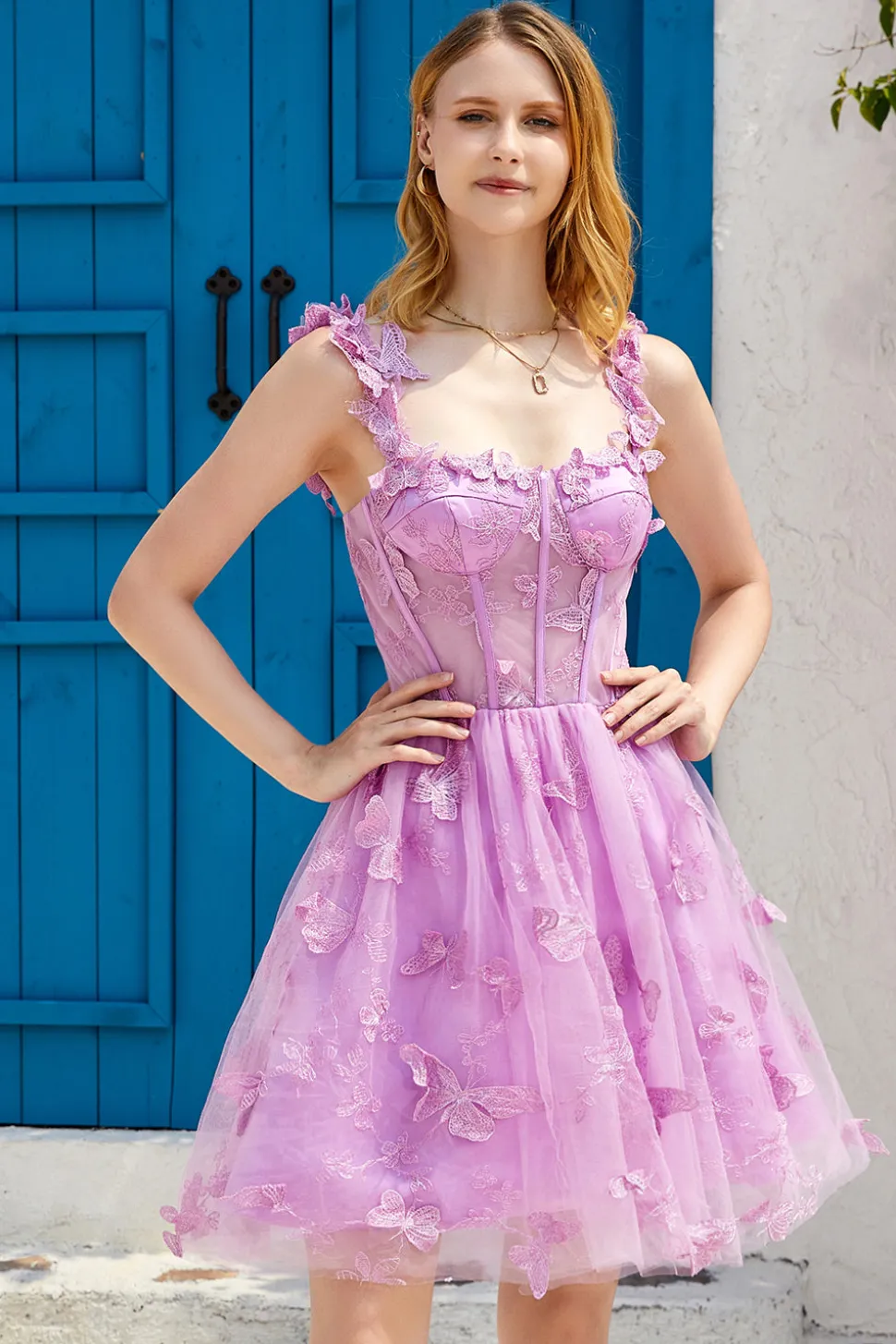Purple A Line Corset Homecoming Dress com borboletas 3D