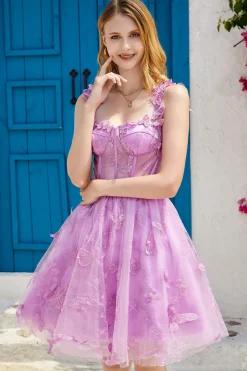 Purple A Line Corset Homecoming Dress com borboletas 3D