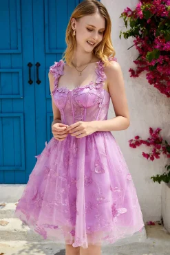 Purple A Line Corset Homecoming Dress com borboletas 3D