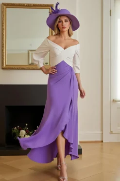 Purple Chiffon High-Low Uma linha fora do ombro vestido de noiva convidado