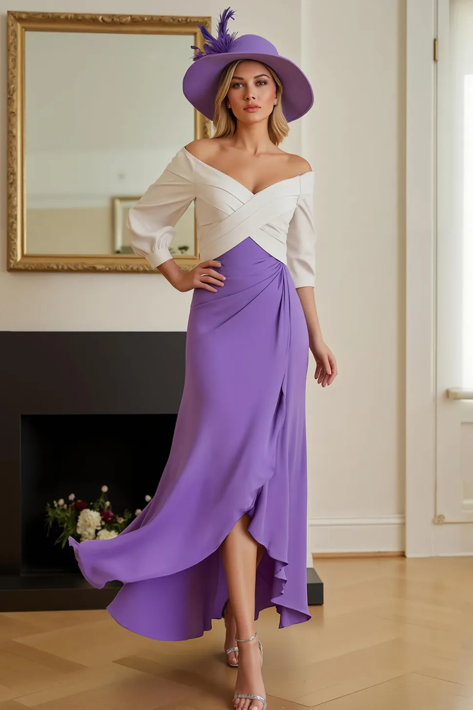 Purple Chiffon High-Low Uma linha fora do ombro vestido de noiva convidado