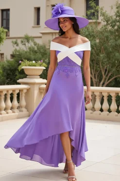 Purple Chiffon Uma linha alta-baixa fora do ombro vestido de casamento convidado