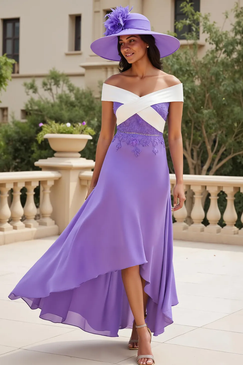 Purple Chiffon Uma linha alta-baixa fora do ombro vestido de casamento convidado