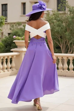 Purple Chiffon Uma linha alta-baixa fora do ombro vestido de casamento convidado
