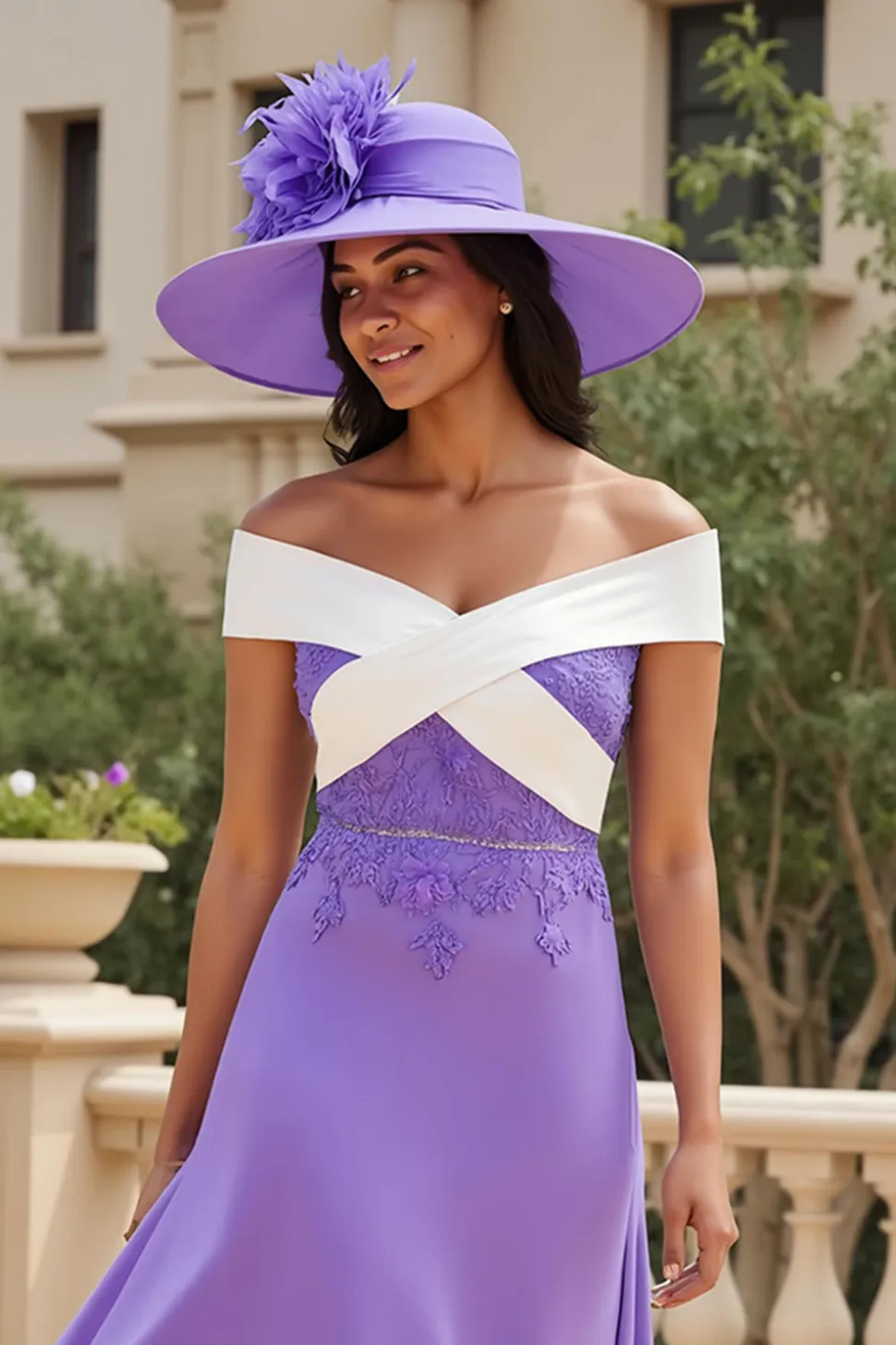 Purple Chiffon Uma linha alta-baixa fora do ombro vestido de casamento convidado