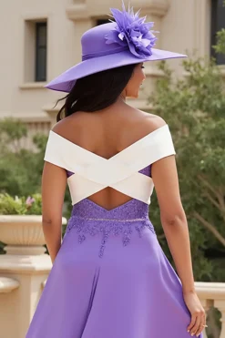 Purple Chiffon Uma linha alta-baixa fora do ombro vestido de casamento convidado
