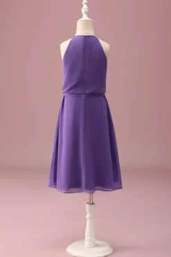 Purple Halter Keyhole Uma linha curta vestido de dama de honra júnior com cinto