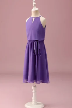Purple Halter Keyhole Uma linha curta vestido de dama de honra júnior com cinto