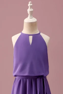 Purple Halter Keyhole Uma linha curta vestido de dama de honra júnior com cinto
