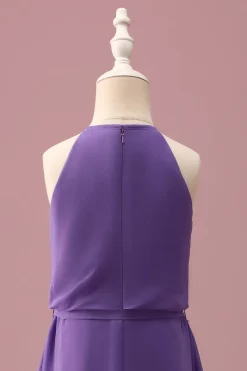 Purple Halter Keyhole Uma linha curta vestido de dama de honra júnior com cinto