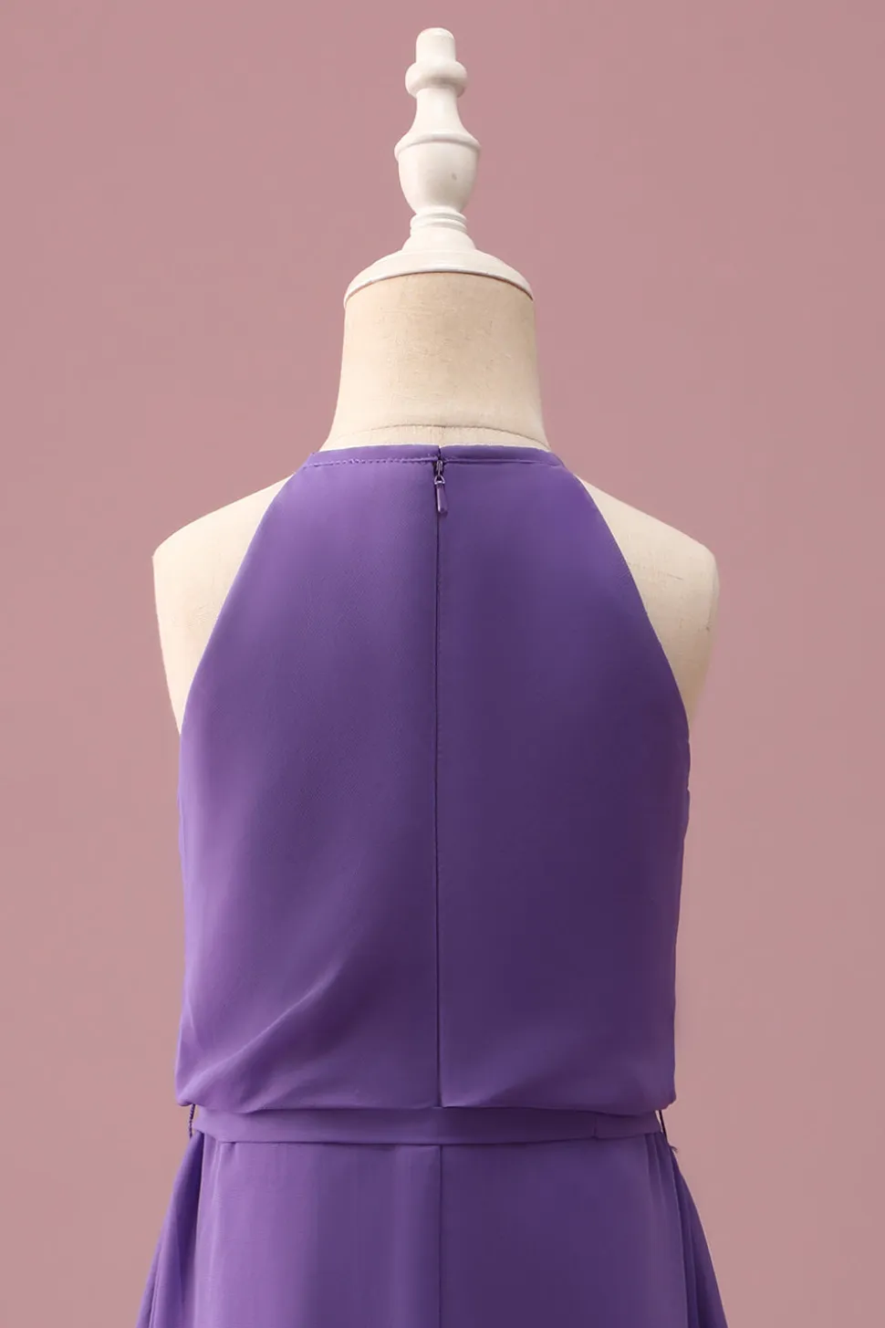 Purple Halter Keyhole Uma linha curta vestido de dama de honra júnior com cinto