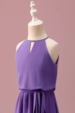 Purple Halter Keyhole Uma linha curta vestido de dama de honra júnior com cinto
