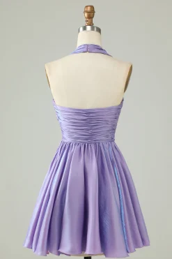 Purple Halter Open Back Mangas Uma Linha Homecoming Dress