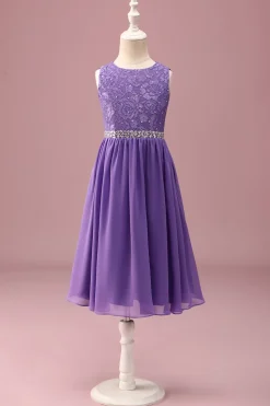 Purple Lace Uma linha de pescoço redondo curto vestido de dama de honra júnior com cinto de strass