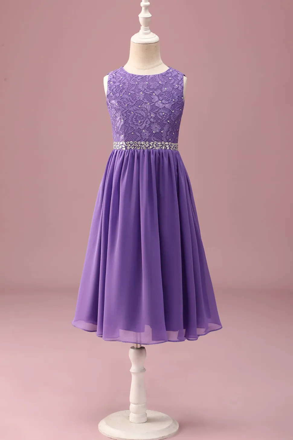 Purple Lace Uma linha de pescoço redondo curto vestido de dama de honra júnior com cinto de strass