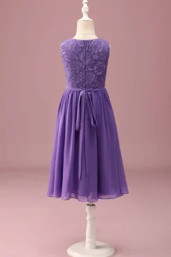 Purple Lace Uma linha de pescoço redondo curto vestido de dama de honra júnior com cinto de strass