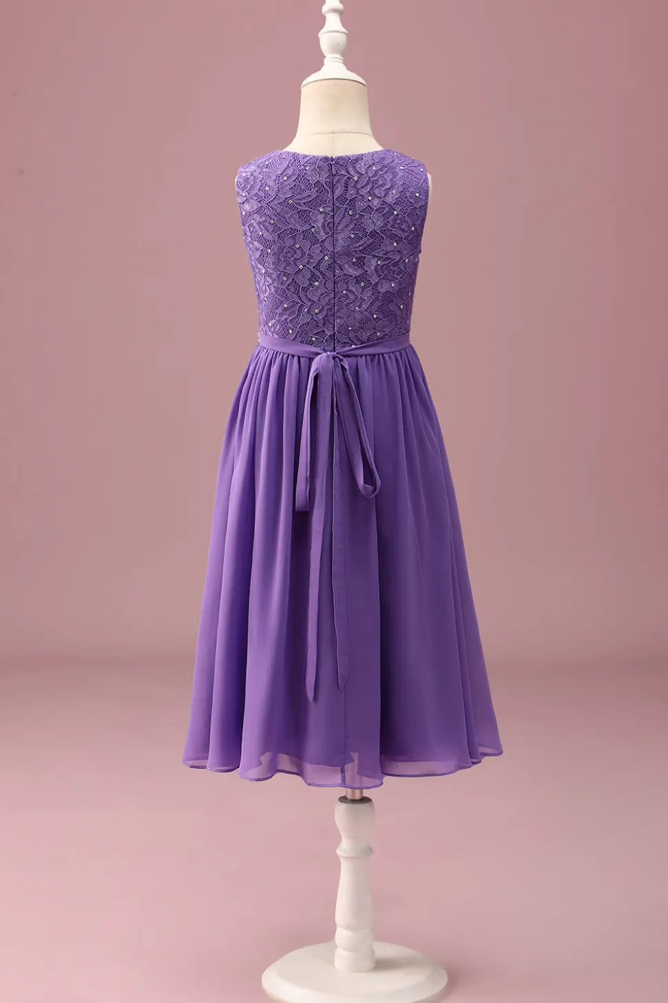Purple Lace Uma linha de pescoço redondo curto vestido de dama de honra júnior com cinto de strass