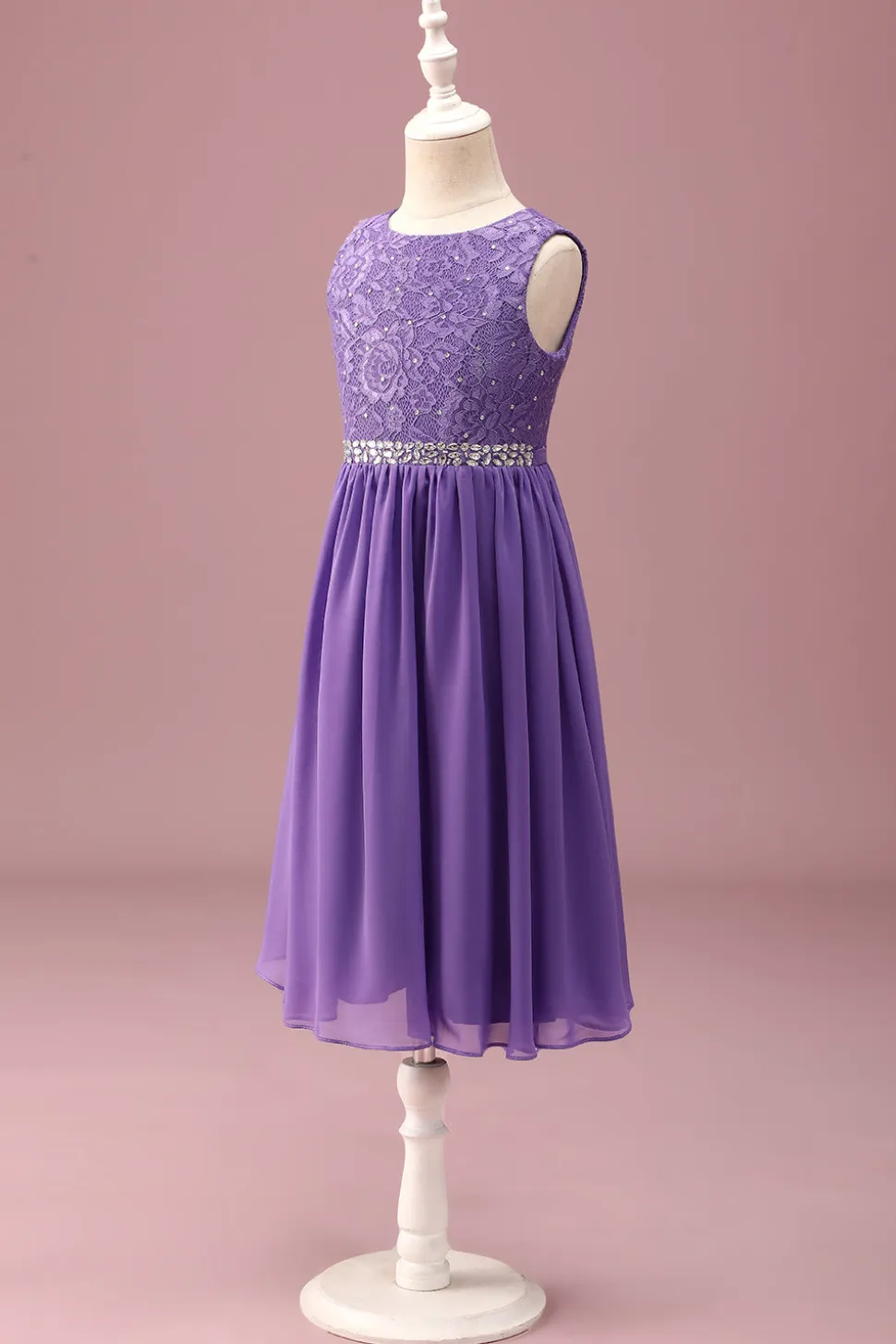 Purple Lace Uma linha de pescoço redondo curto vestido de dama de honra júnior com cinto de strass