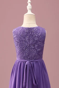 Purple Lace Uma linha de pescoço redondo curto vestido de dama de honra júnior com cinto de strass