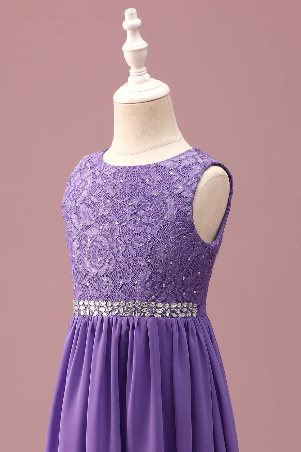 Purple Lace Uma linha de pescoço redondo curto vestido de dama de honra júnior com cinto de strass