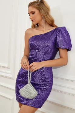 Purple One Shoulder Puff Mangas Lantejoulas Vestido de cocktail