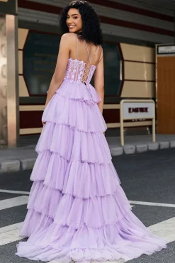Purple Princess Uma Linha Tiered Corset Prom Dress com Acessório