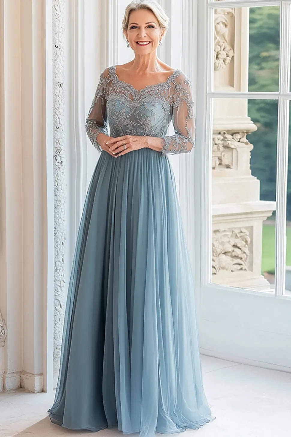 Queen Anne Dusty Blue Uma linha de mangas compridas Mãe do vestido da noiva
