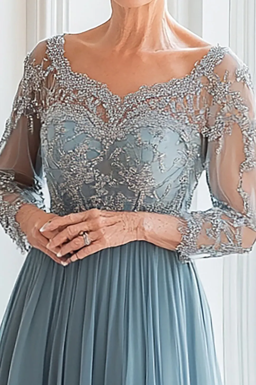 Queen Anne Dusty Blue Uma linha de mangas compridas Mãe do vestido da noiva