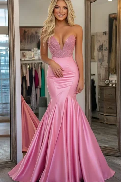 Querida sereia frisado cetim rosa vestido de baile