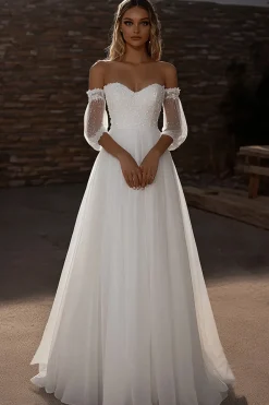 Querida Uma Linha Tule Meia Ilusão Manga Marfim Vestido de Noiva