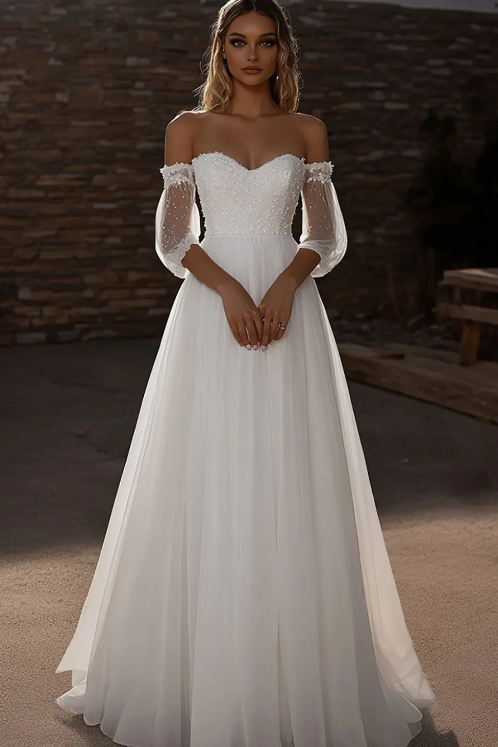 Querida Uma Linha Tule Meia Ilusão Manga Marfim Vestido de Noiva
